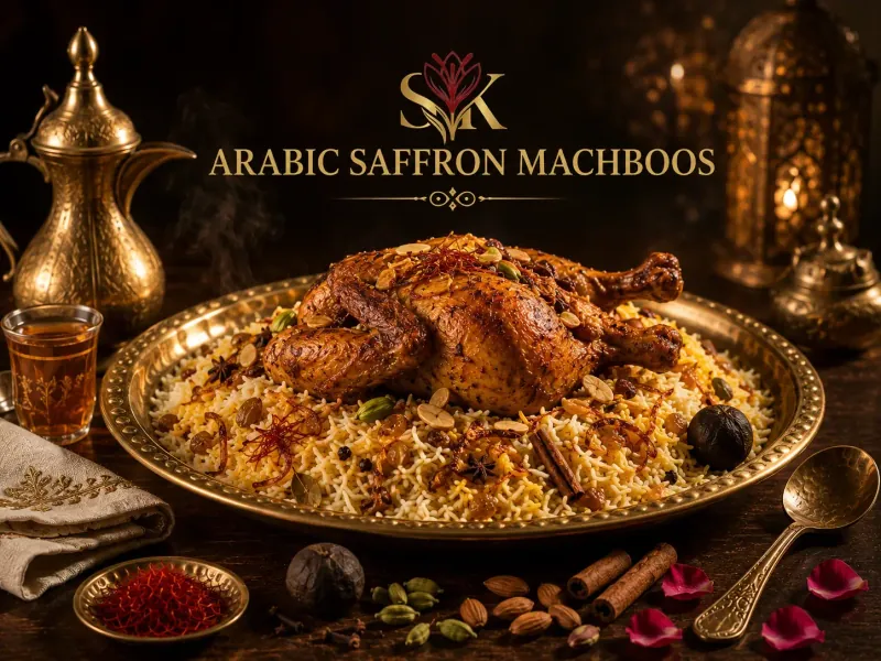 Arabic Saffron Machboos, spiced chicken over saffron rice