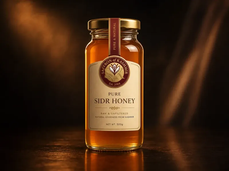 Saffron Honey 500ml, Kashmiri wildflower honey infused with Mongra saffron