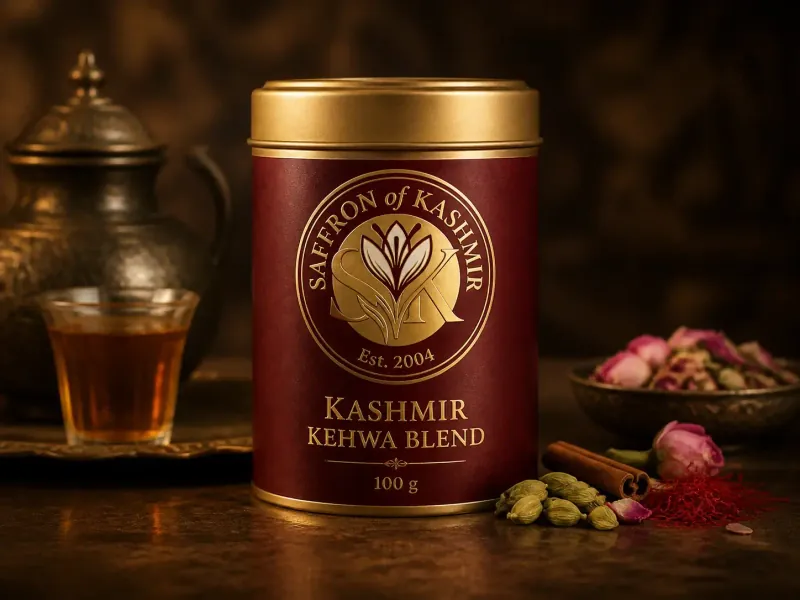 Kashmiri Kahwa Blend 100g, saffron tea tin