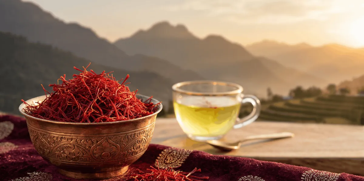 Saffron crocus fields in Pampore, Kashmir at dawn