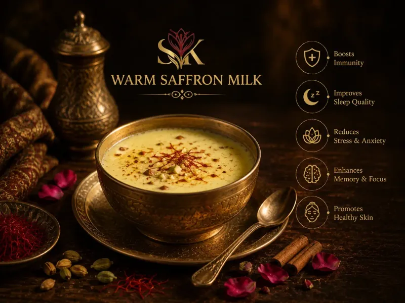 Kesar Doodh - warm golden saffron milk with pistachios